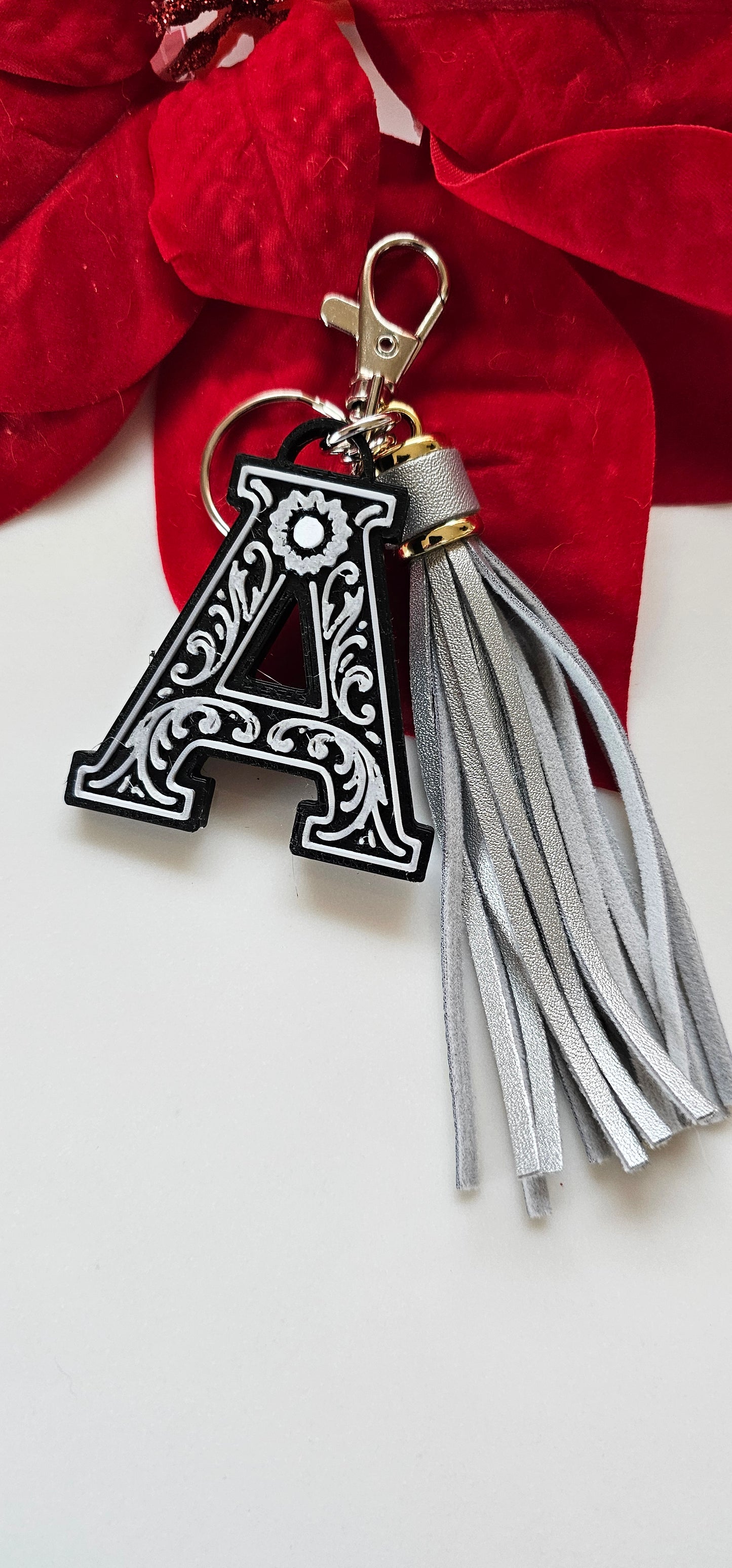 3D Print Tooled Leather Look Initial Fringe Keychain Purse Charm Choice of Colors