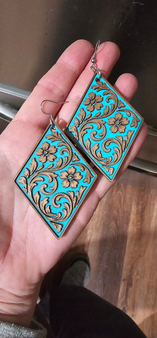3D Print Western Tooled Bronze-Copper Turquoise  Earrings Made in America