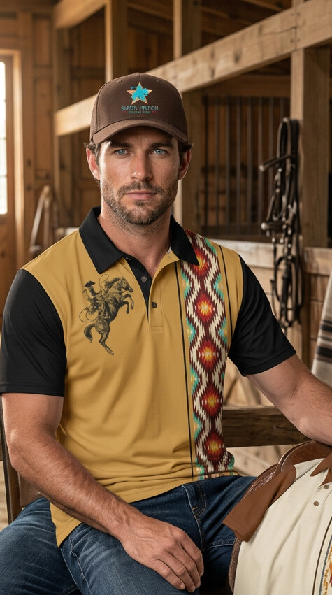 Baha Ranch Wild Cowboy Aztec Western Polo Shirt