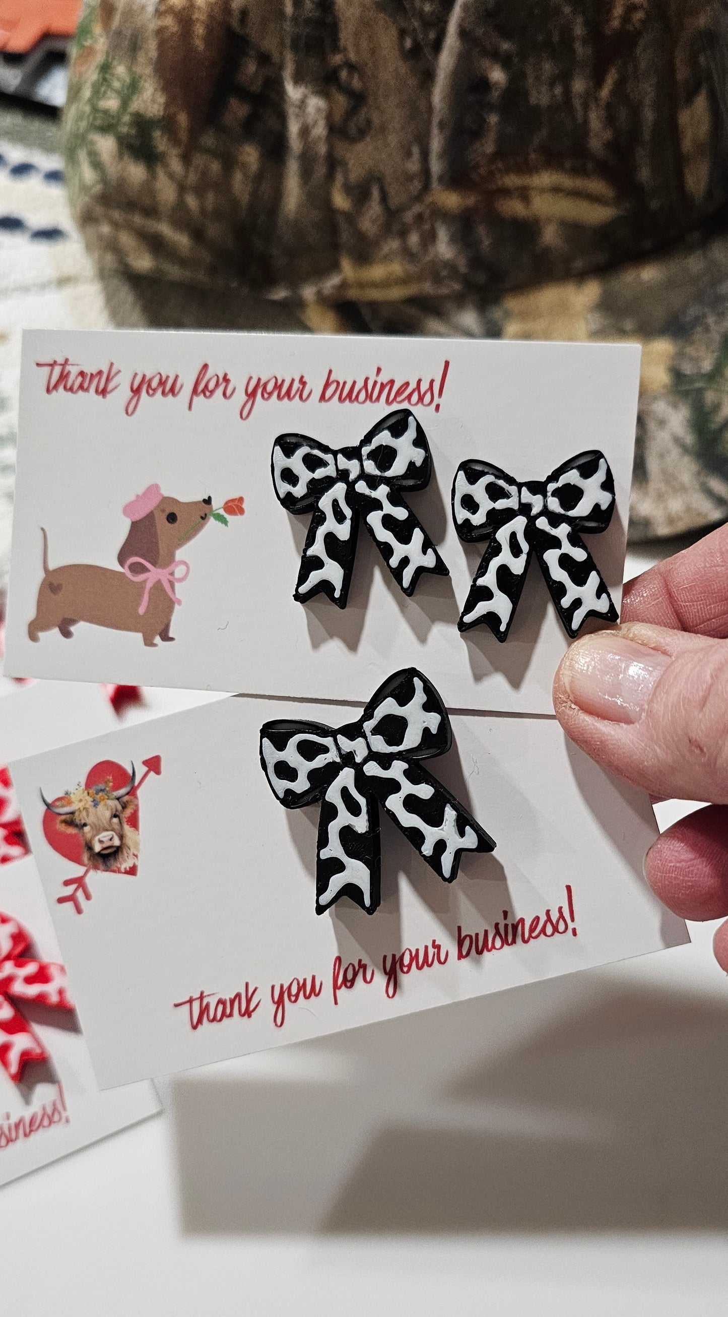 Bag of 25 -Boutique 3d Printed Package Inserts Cow Print Bows Pins or Earrings Made in America