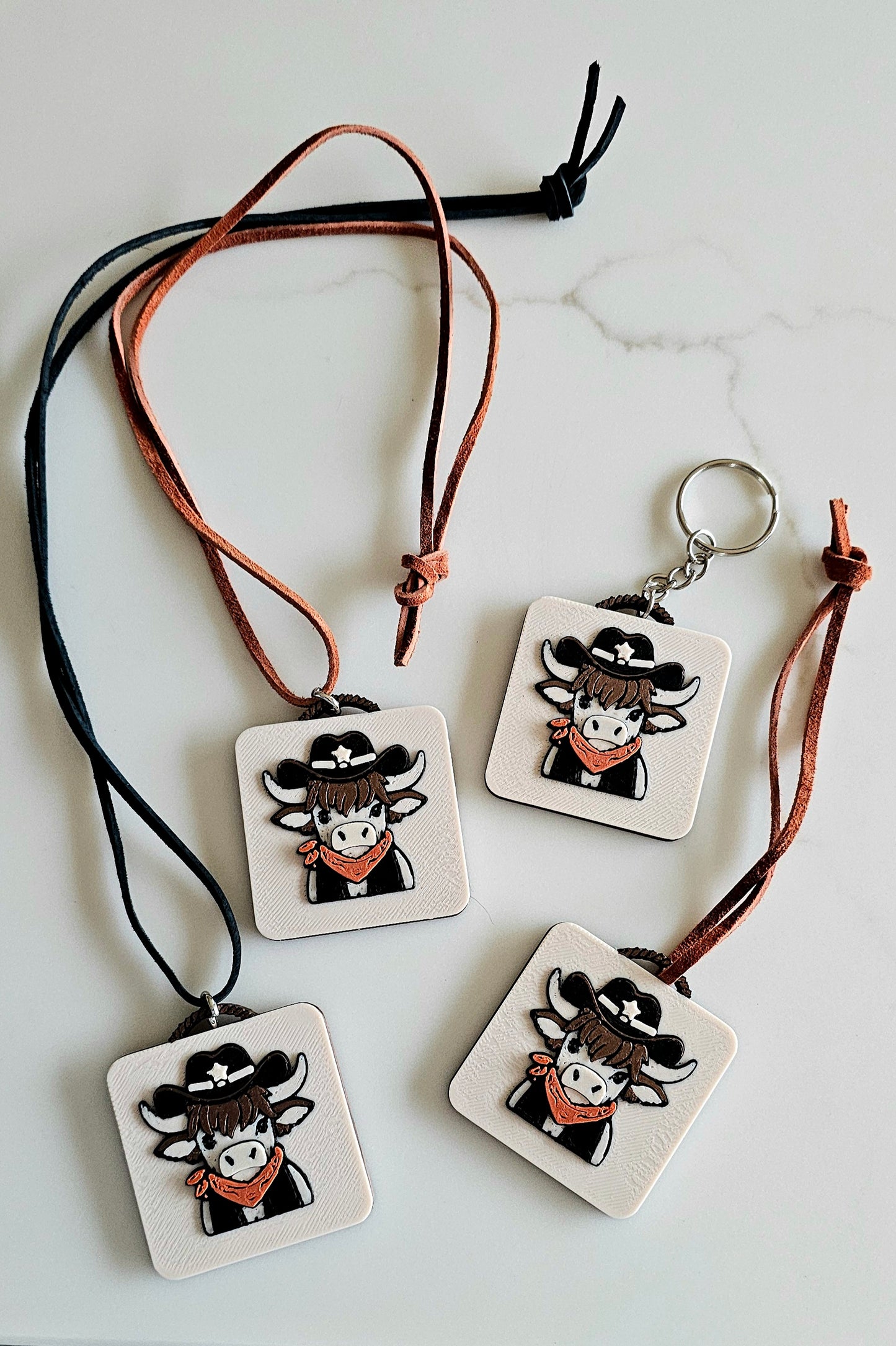 3D Print Cowboy Highland Cow Picture Necklace, Keychain or Purse Charm on Suede Leather Western Made in America