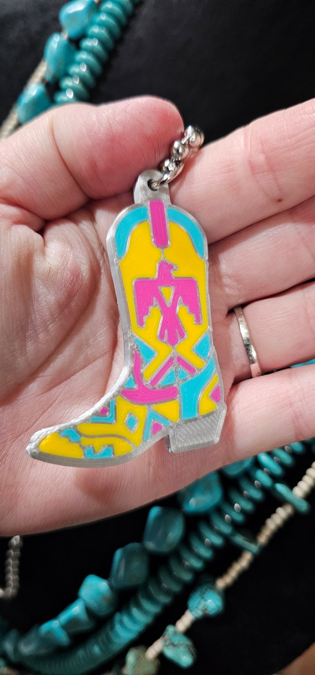 Baha Ranch 3D Print Pink Thunderbird Inlay Boot Necklace