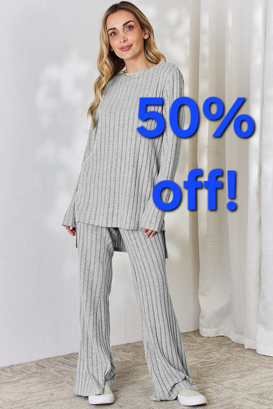 Basic Bae Full Size Ribbed High-Low Top and Wide Leg Pants Set Small or 3X