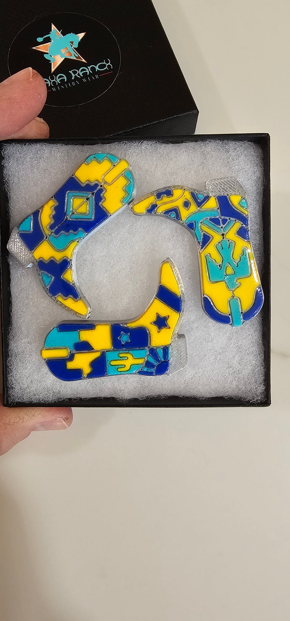 Set of 3 3D Printed Cowboy Boot Inlay Pins Collectible Aztec Texas Thunderbird Blue