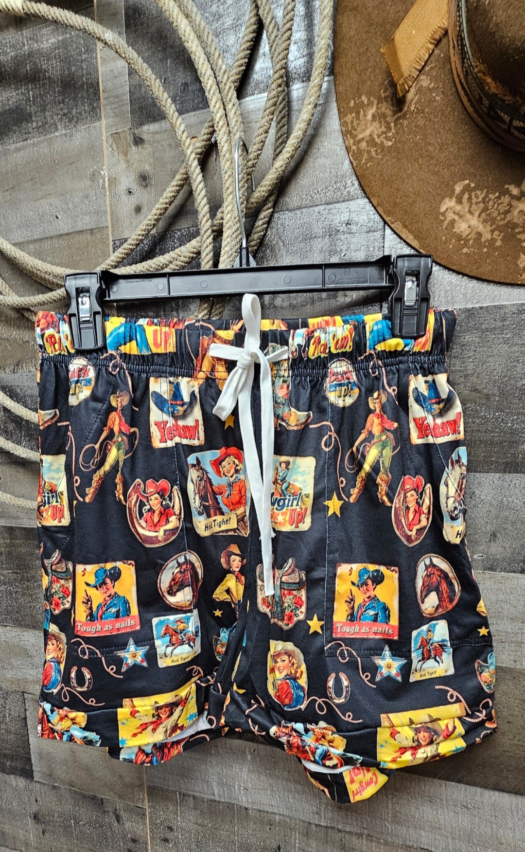 Vintage Cowgirl Collage Western Drawstring Shorts