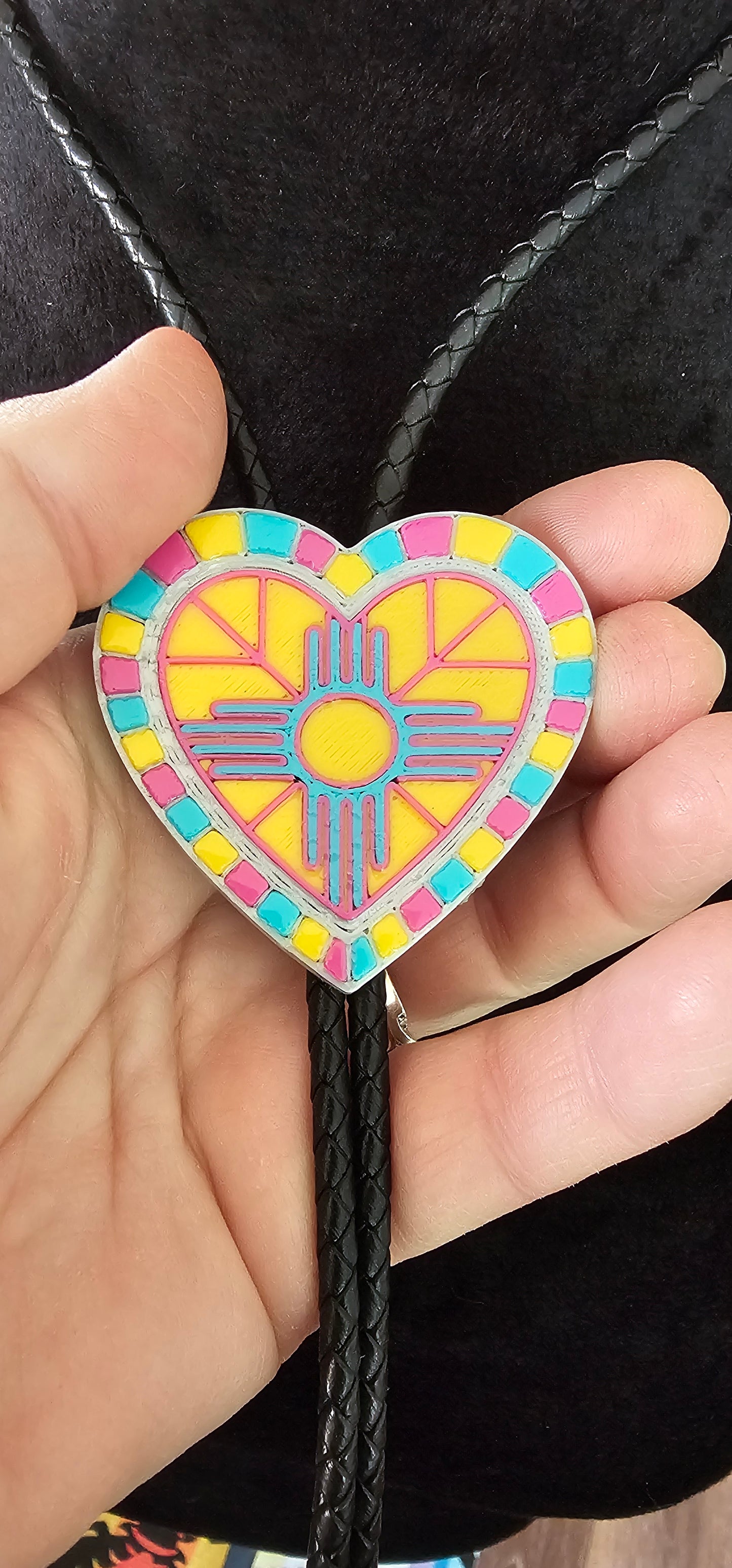 Yellow Pink Turquoise Zia 3D Inlay Heart Bolo Tie Necklace Made in America