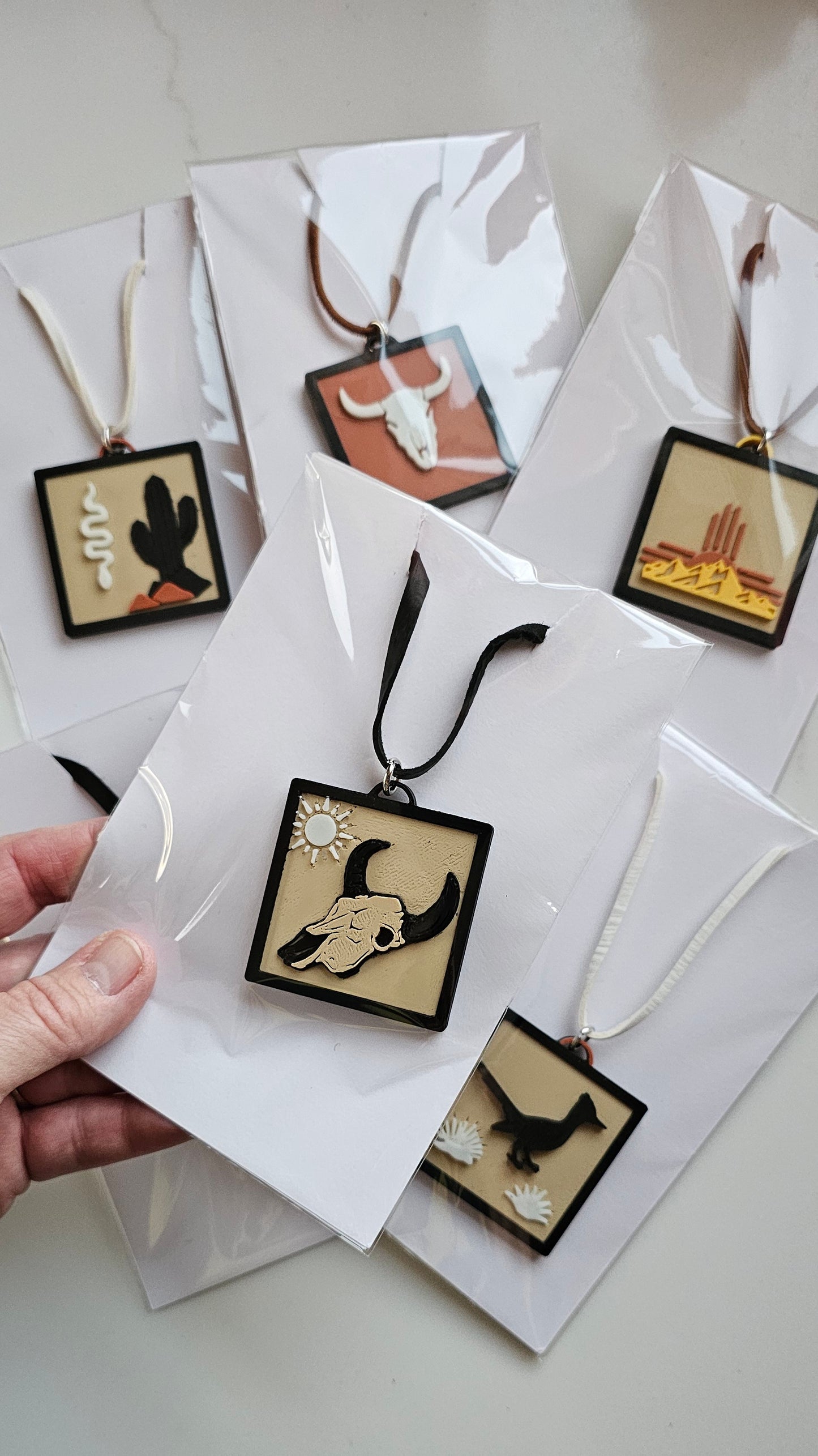 3D Print Picture Necklace on Deerskin Leather Western Bull Skull Desert Cactus Made in America