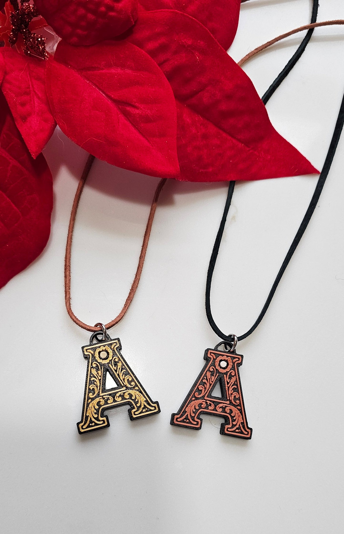 3D Print Tooled Leather Look Initial Pendant on Leather Necklace Made in America