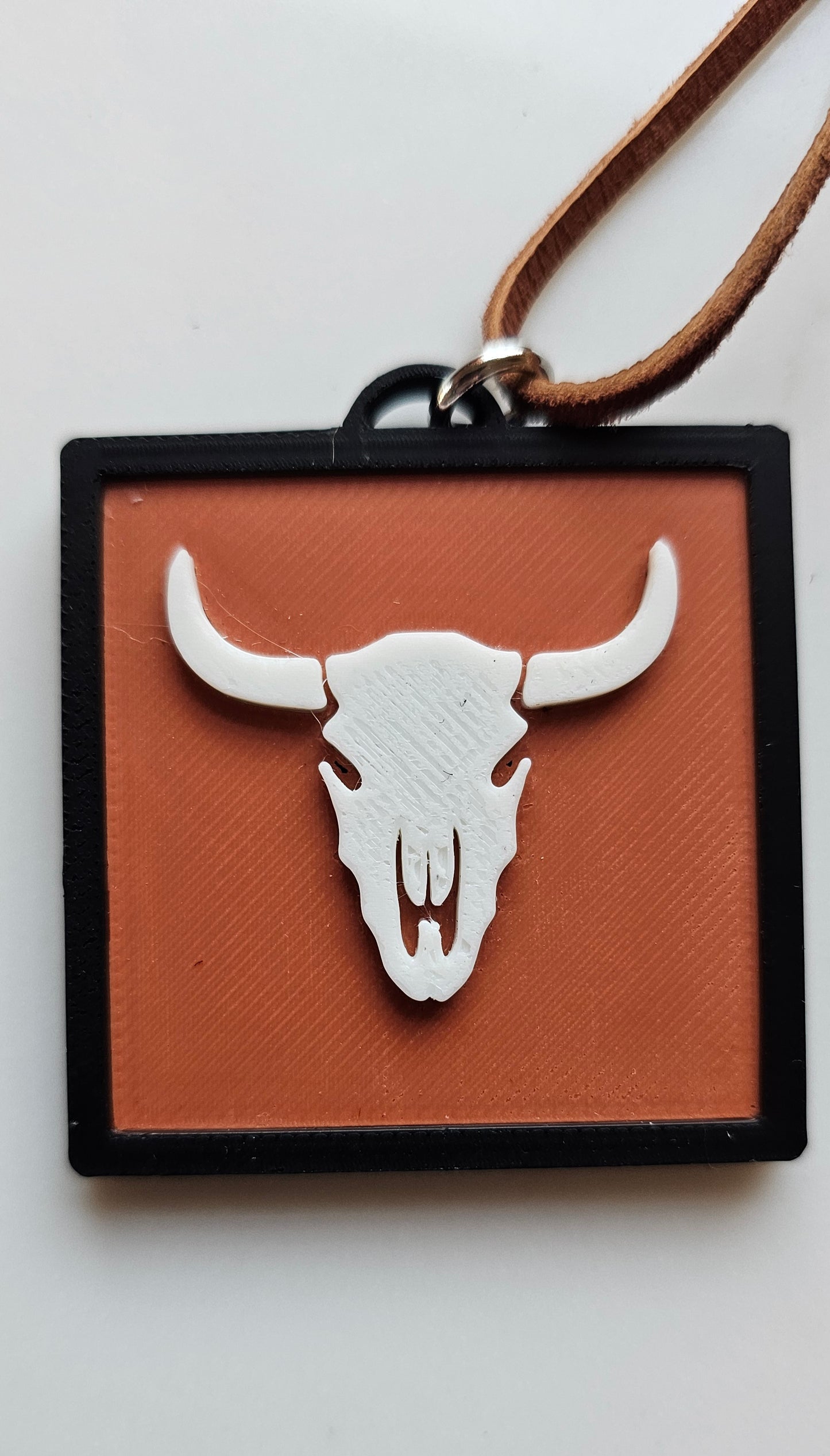 3D Print Picture Necklace on Deerskin Leather Western Bull Skull Desert Cactus Made in America