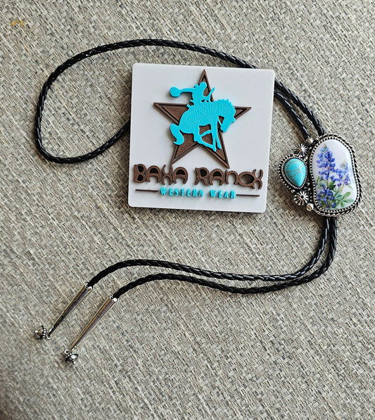 Baha Ranch Blue Bonnets Floral Bolo Tie Necklace