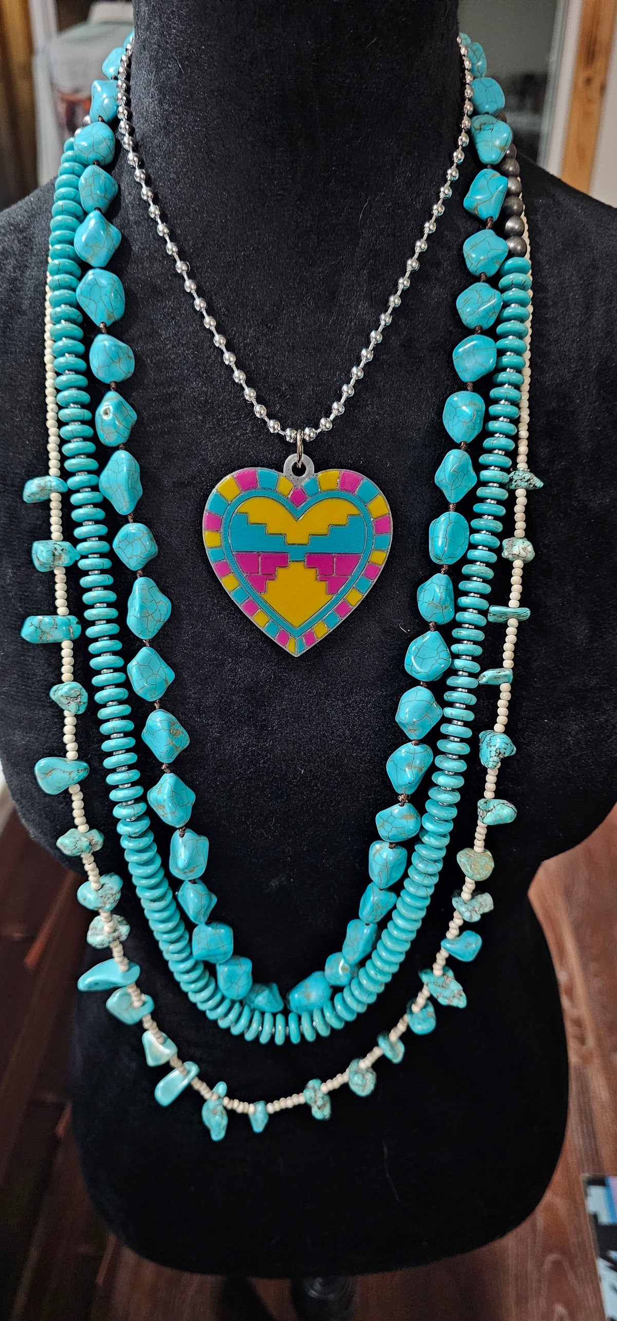 Baha Ranch 3D Print Pink Yellow Aztec Inlay Heart Necklace