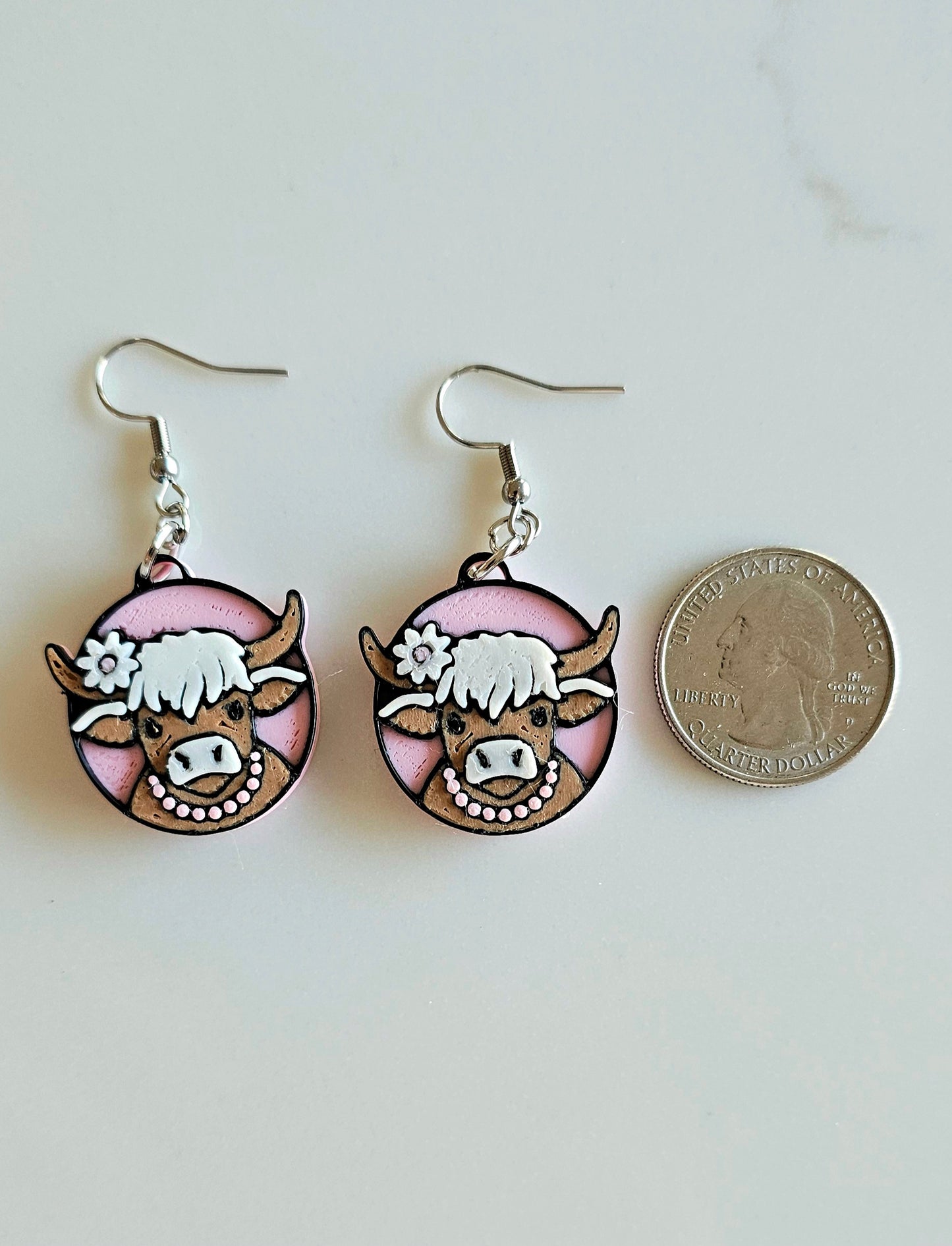 3D Print Cowgirl Highland Cow Picture Necklace or Earrings Western Made in America