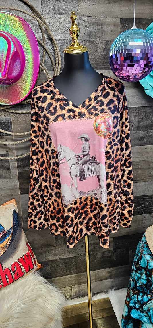 Baha Ranch Retro Pop Western Leopard Cowgirl Long Sleeve Top