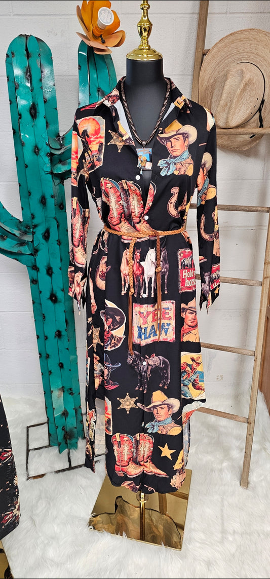 Vintage Cowboy Collage Western Long Sleeve Dress Duster