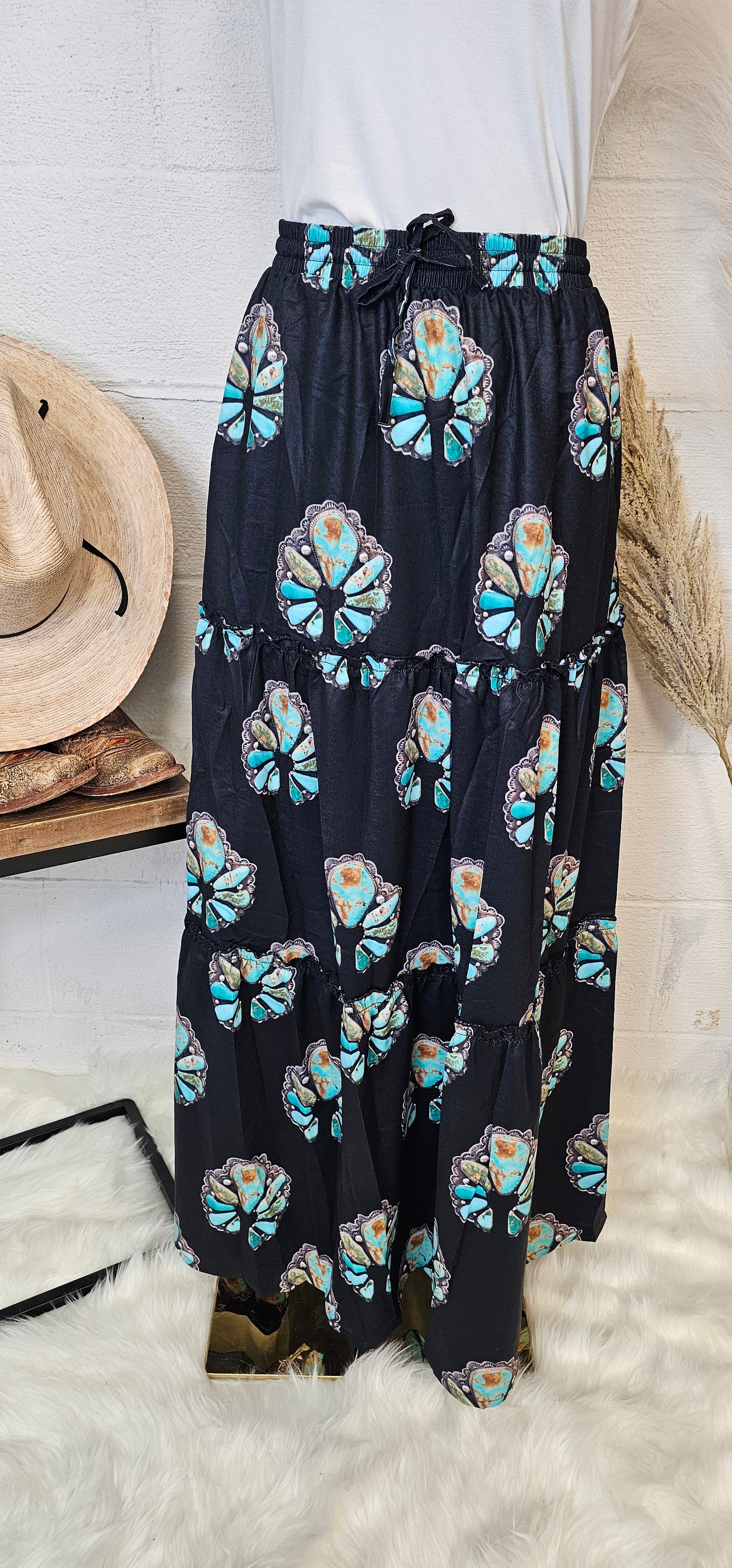 Baha Ranch Turquoise Naja Southwestern Tiered Prairie Maxi Skirt