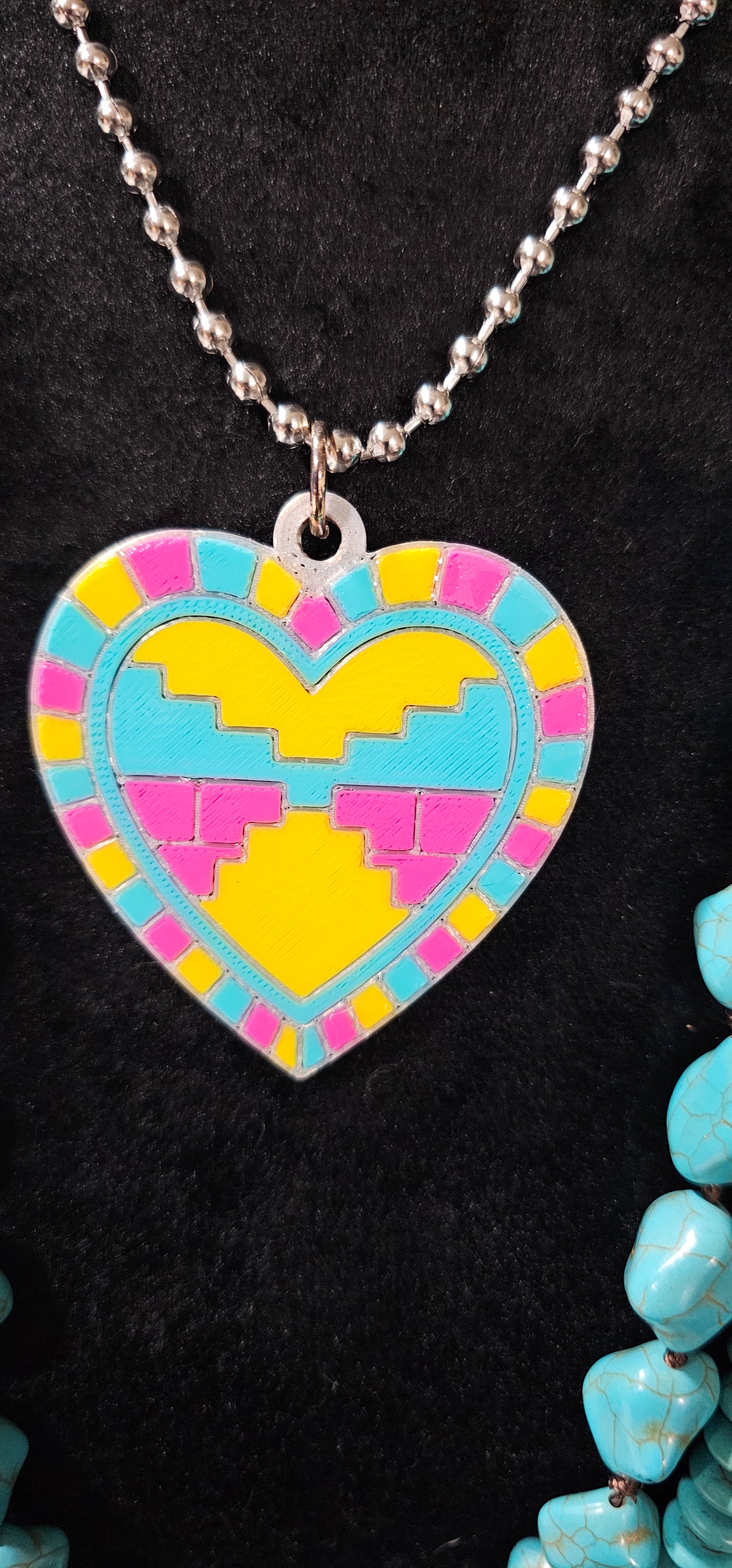 Baha Ranch 3D Print Pink Yellow Aztec Inlay Heart Necklace