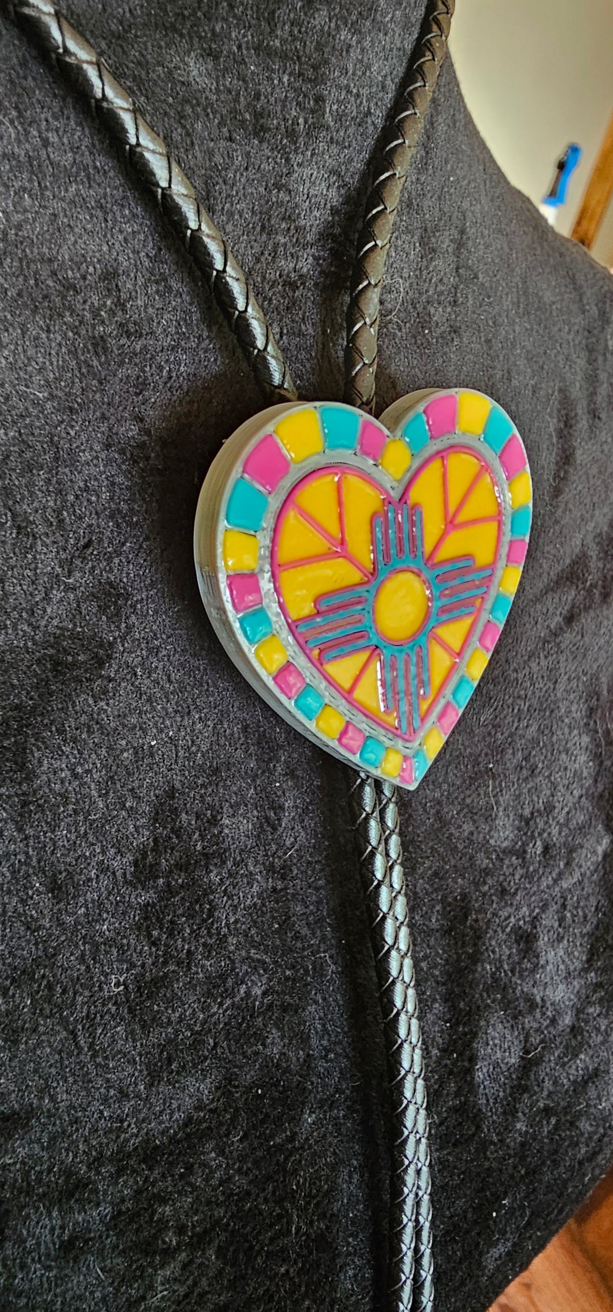 Yellow Pink Turquoise Zia 3D Inlay Heart Bolo Tie Necklace Made in America