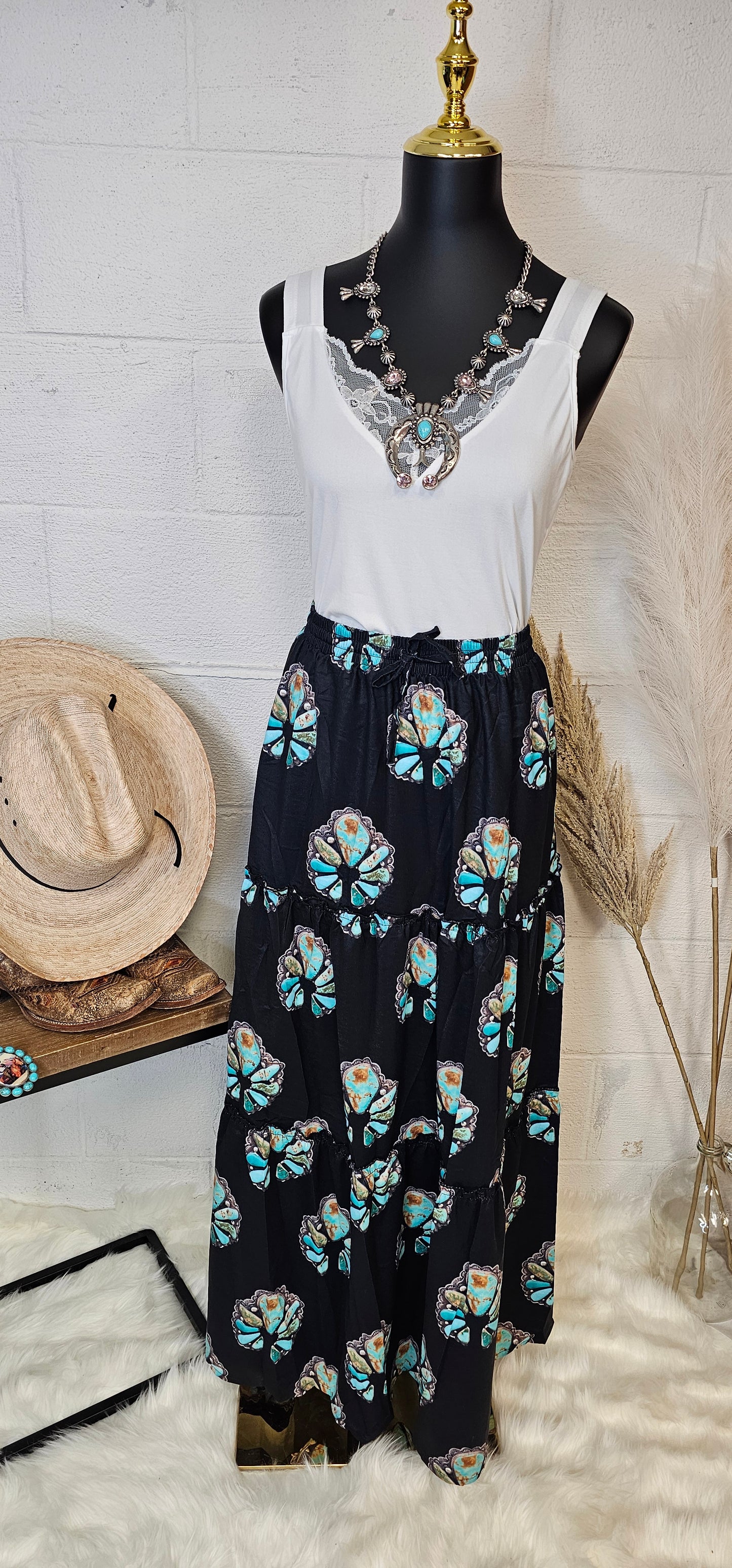 Baha Ranch Turquoise Naja Southwestern Tiered Prairie Maxi Skirt