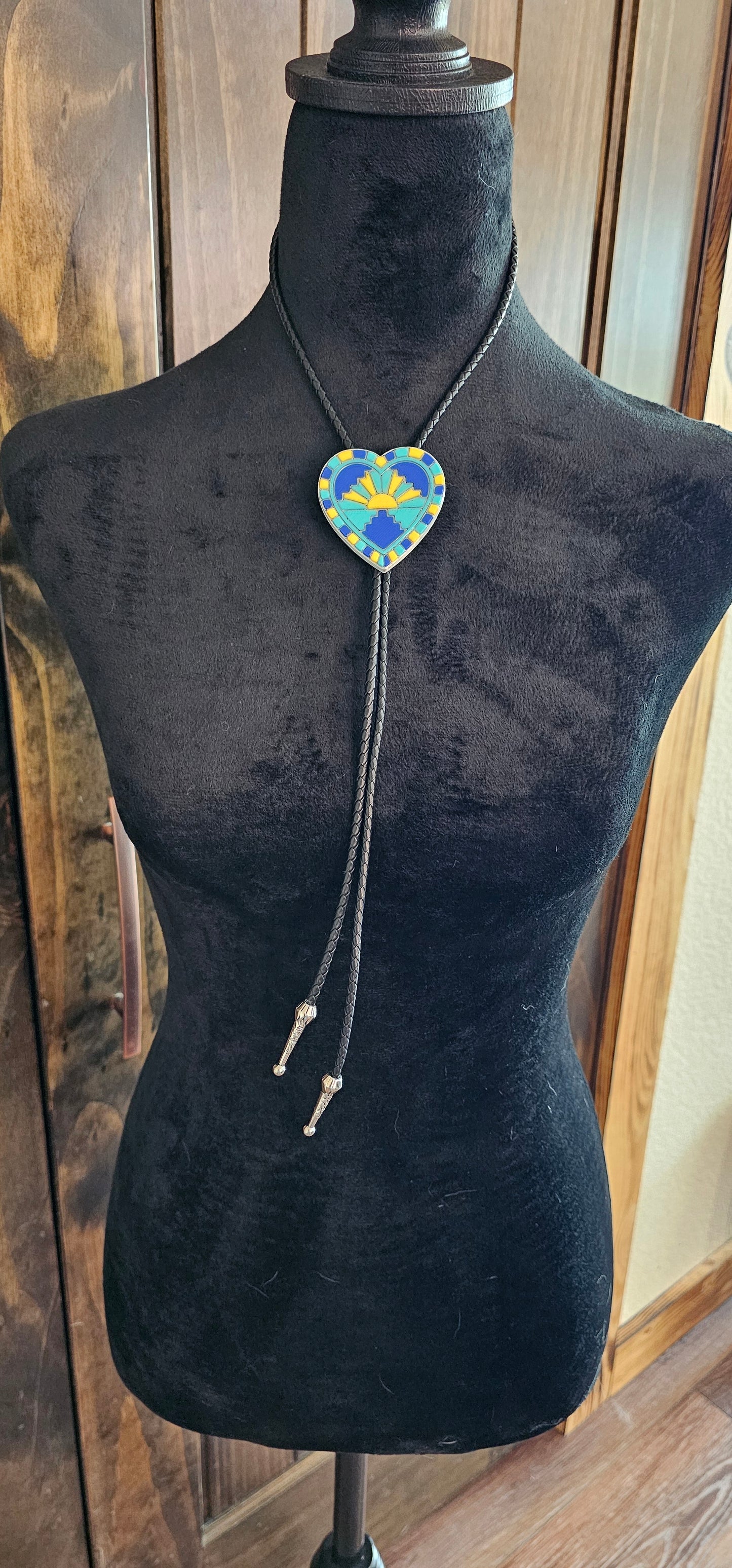 Turquoise Sunrise 3D Inlay Heart Bolo Tie Necklace