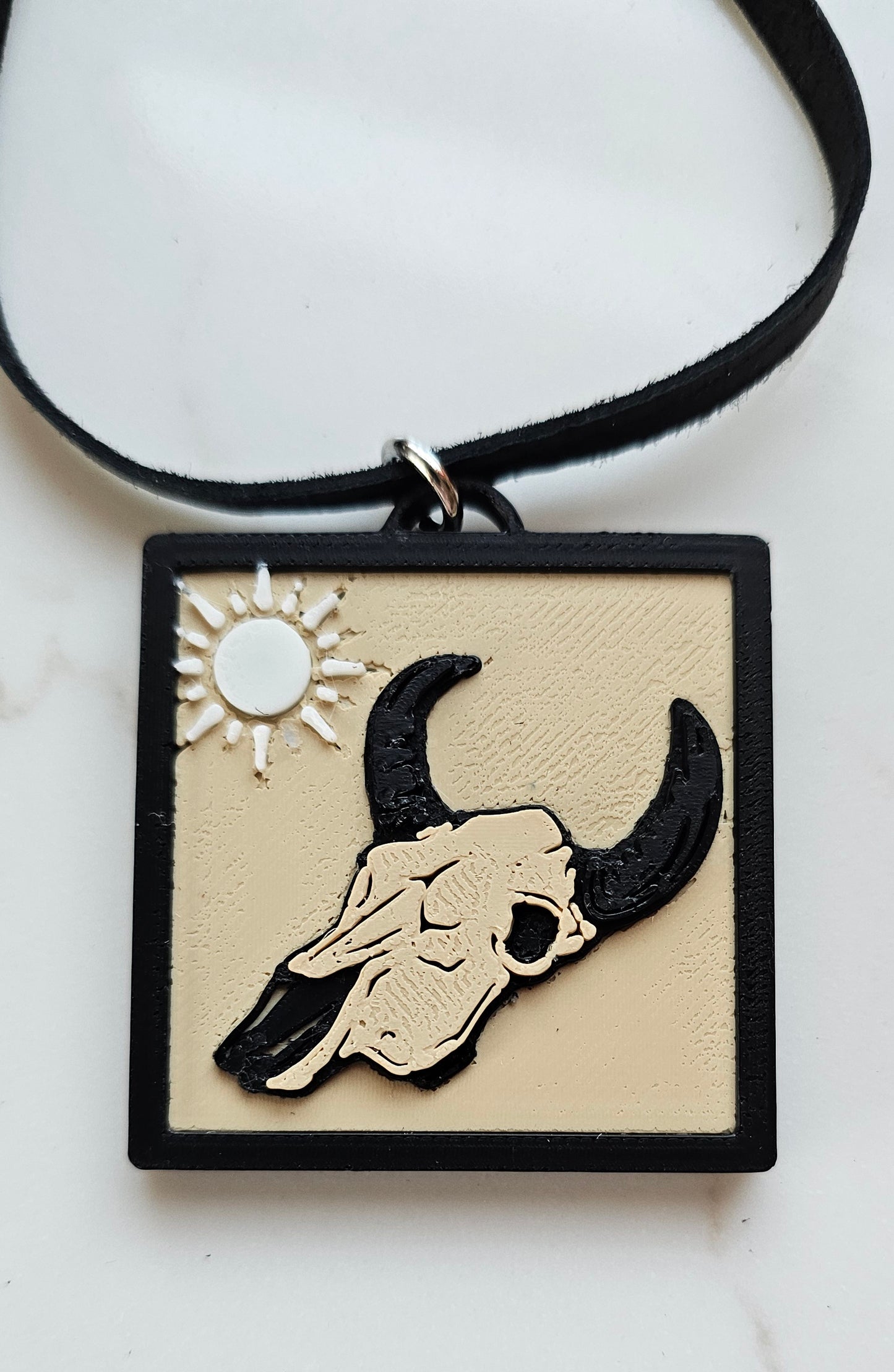 3D Print Picture Necklace on Deerskin Leather Western Bull Skull Desert Cactus Made in America