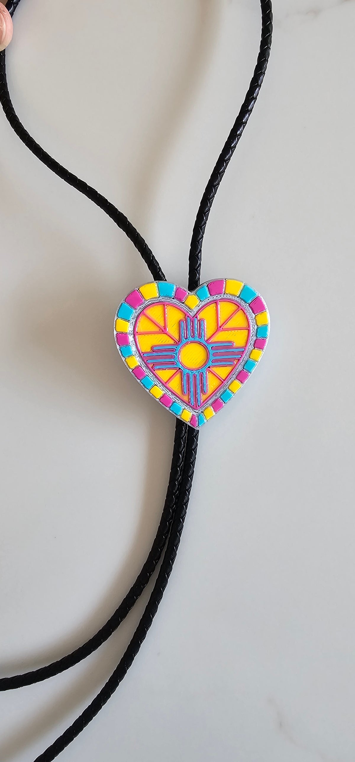 Yellow Pink Turquoise Zia 3D Inlay Heart Bolo Tie Necklace Made in America