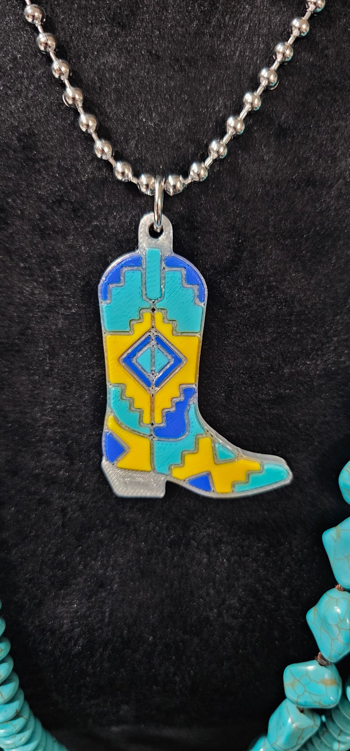 Baha Ranch 3D Print Yellow Blue Aztec Inlay Boot Necklace