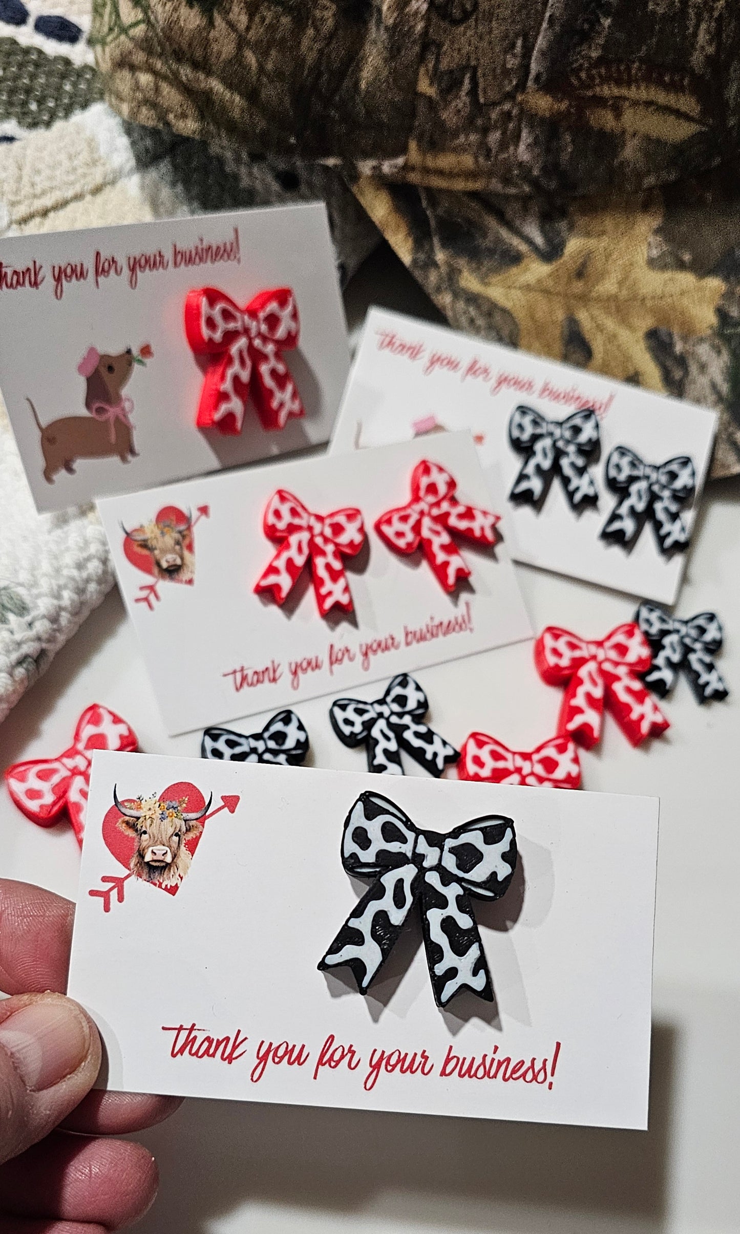 Bag of 25 -Boutique 3d Printed Package Inserts Cow Print Bows Pins or Earrings Made in America