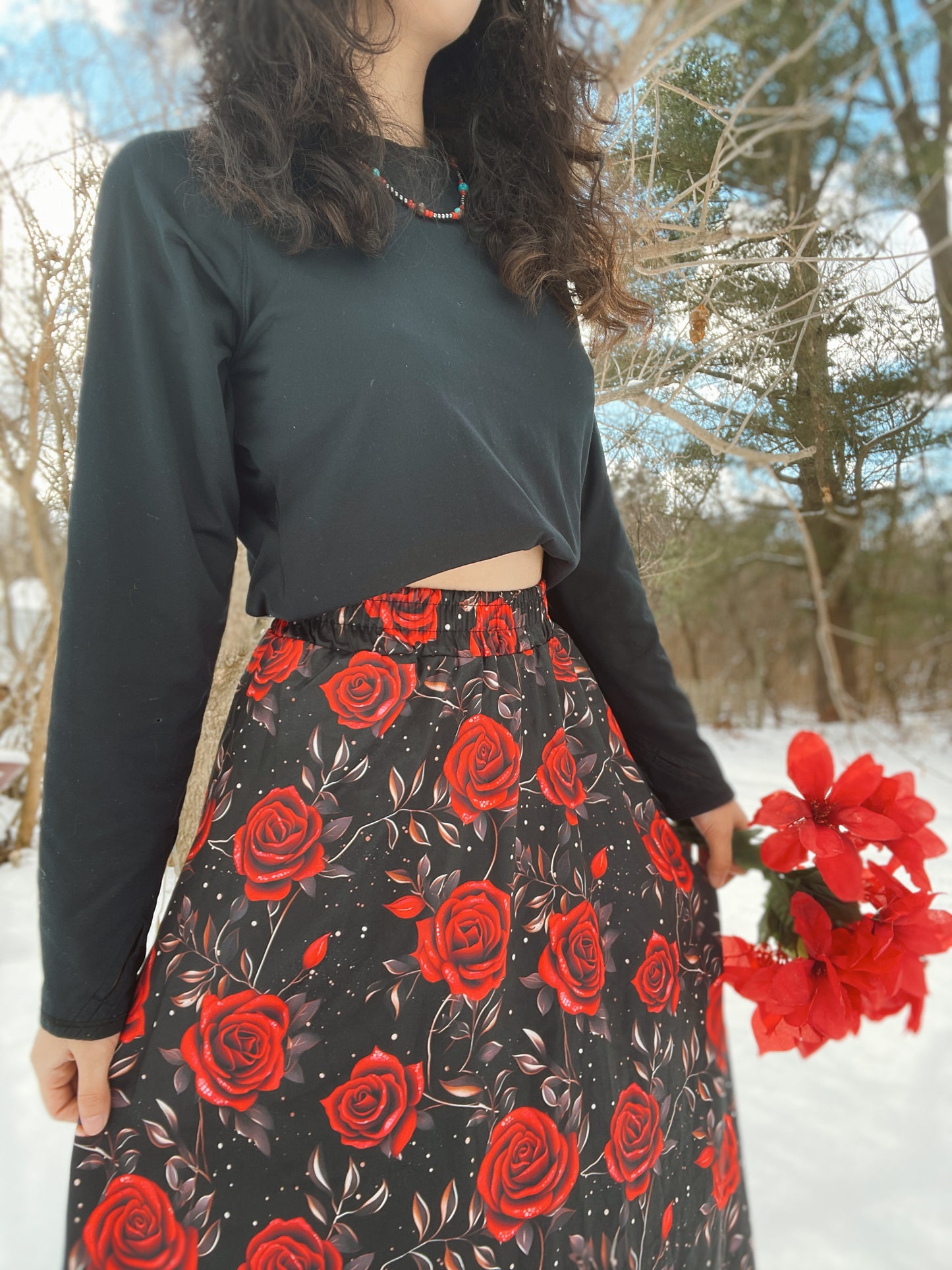 Colores de Mexico Romantic Red Roses Midi Skirt