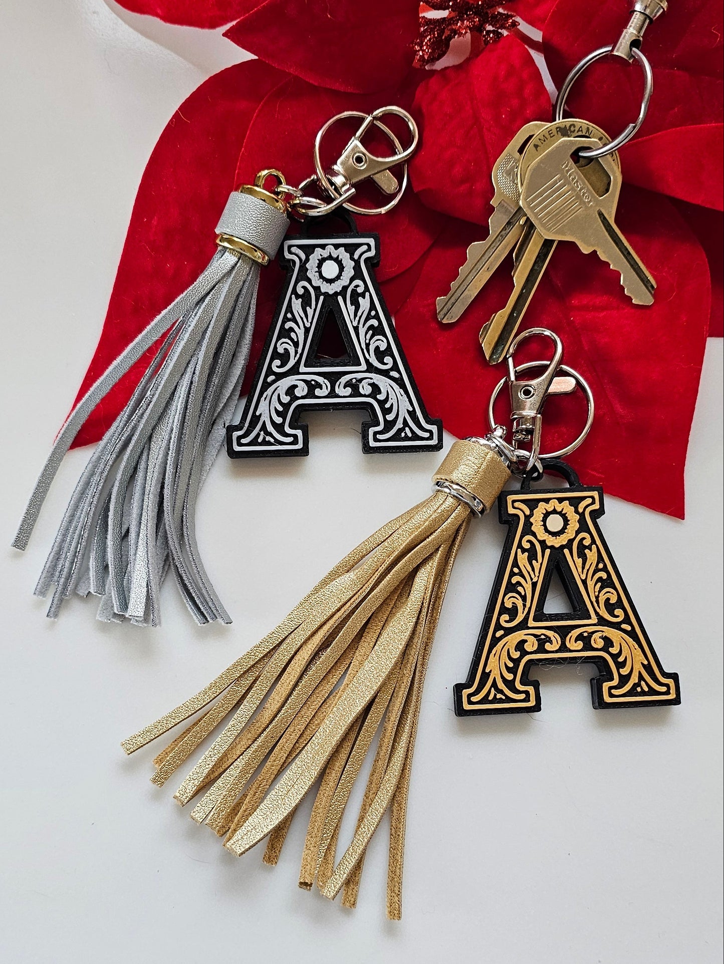 3D Print Tooled Leather Look Initial Fringe Keychain Purse Charm Choice of Colors