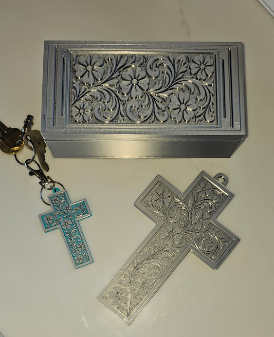 3d Print Silver Tooled Trinket Gift Box or Keychain or Wall Cross