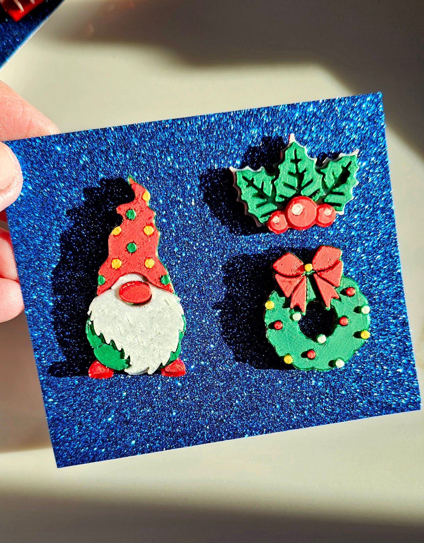 set of 3 Gnome Wreath Holly Hat Pins Christmas Made in America