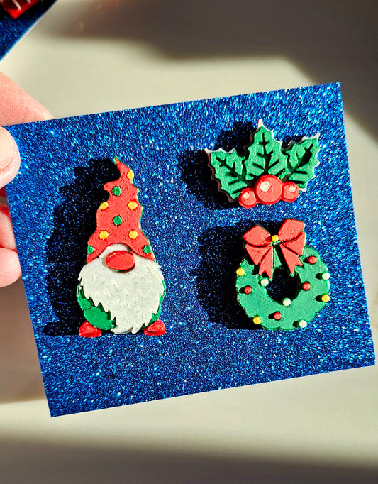 set of 3 Gnome Wreath Holly Hat Pins Christmas Made in America