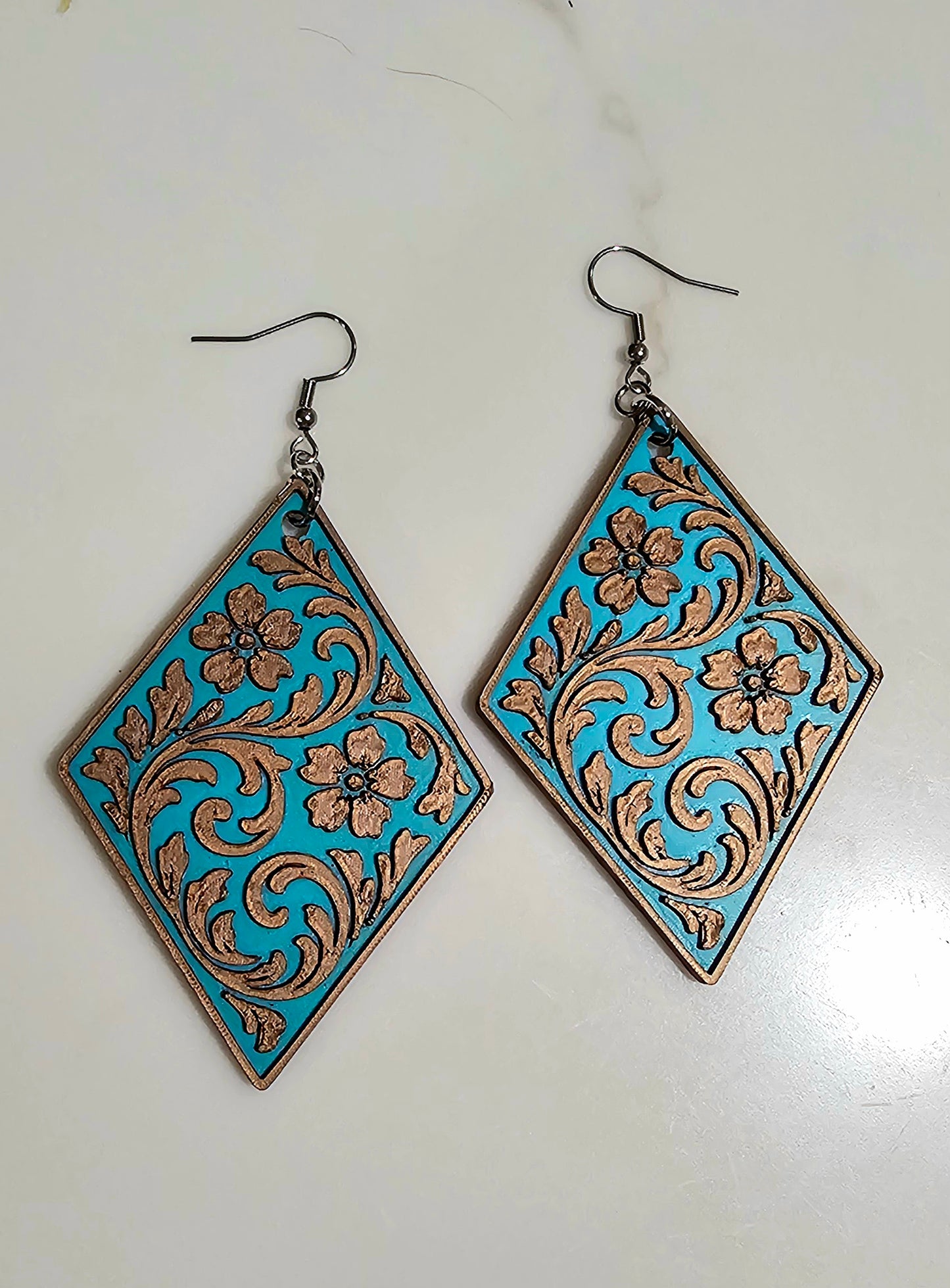 3D Print Western Tooled Bronze-Copper Turquoise  Earrings Made in America