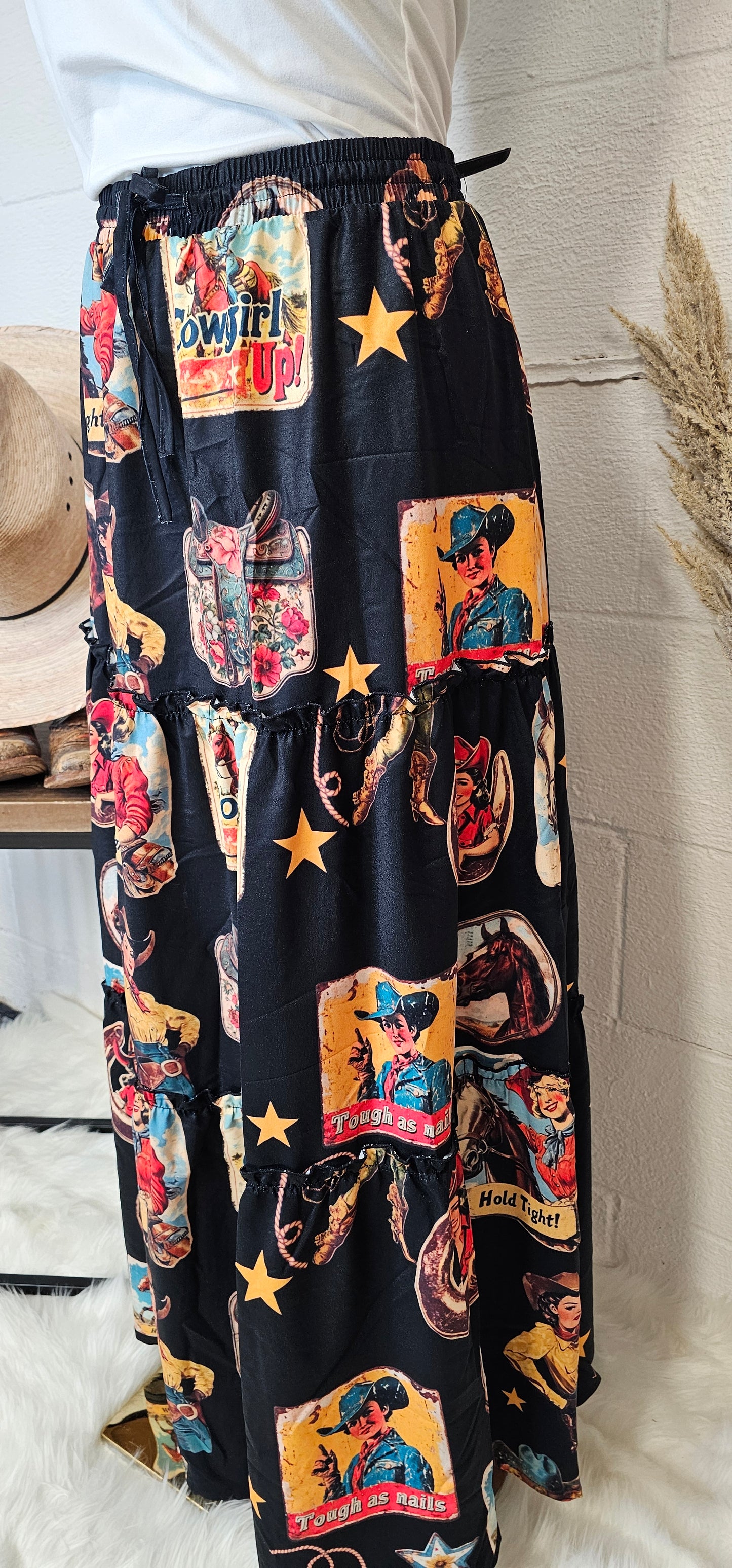 Baha Ranch Vintage Cowgirl Collage Western Tiered Prairie Maxi Skirt