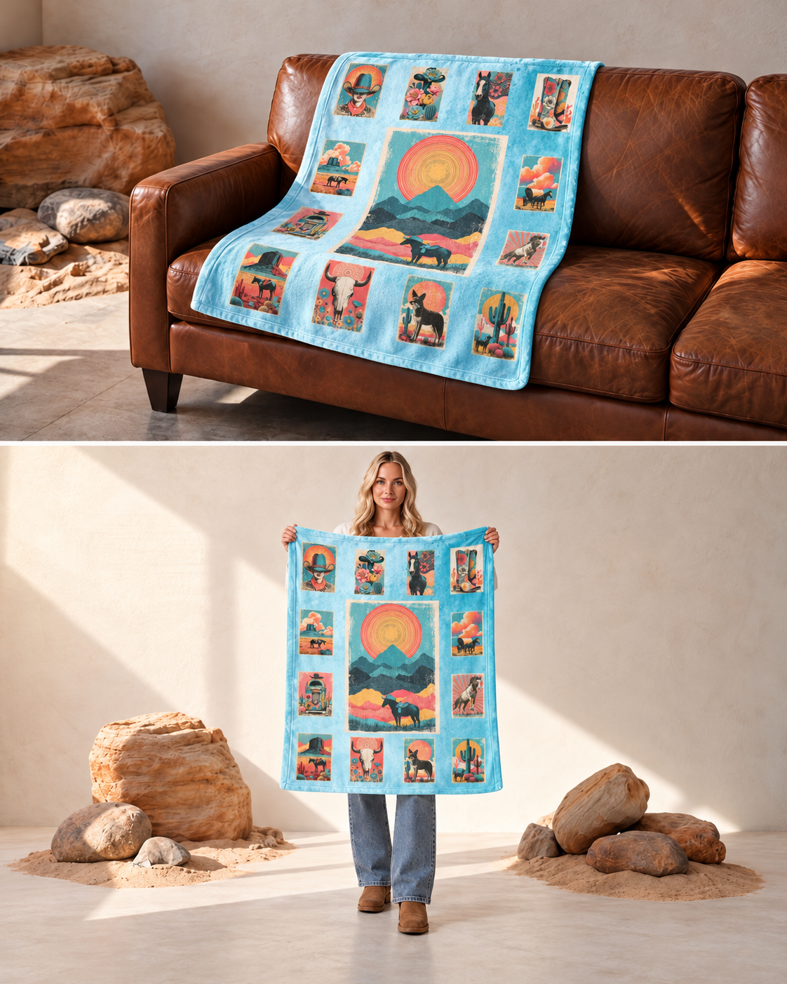 Baha Ranch Western Sunrise Ultra-Soft Micro Fleece Blanket 40" x  50" Made in America