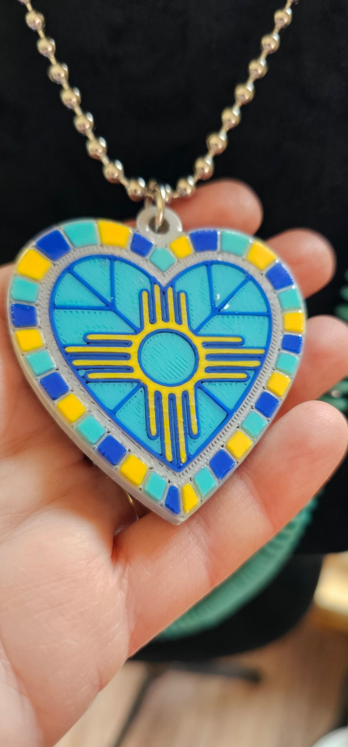 Baha Ranch 3D Print New Mexico Blue Yellow Zia Inlay Heart Necklace