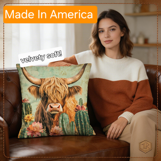 Baha Ranch Cactus Highland Velvety Soft Throw Pillow Case Made in America