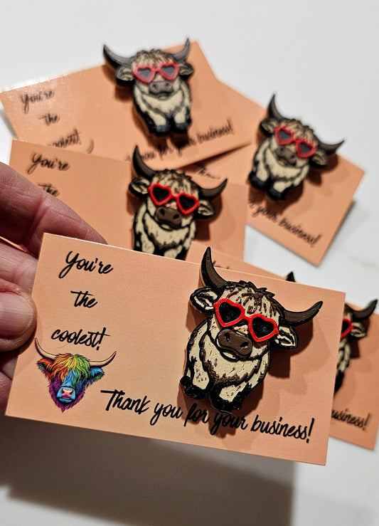 Bag of 25 -Boutique 3d Printed Package Inserts Cool Highland Cow Hat Pin Made in America