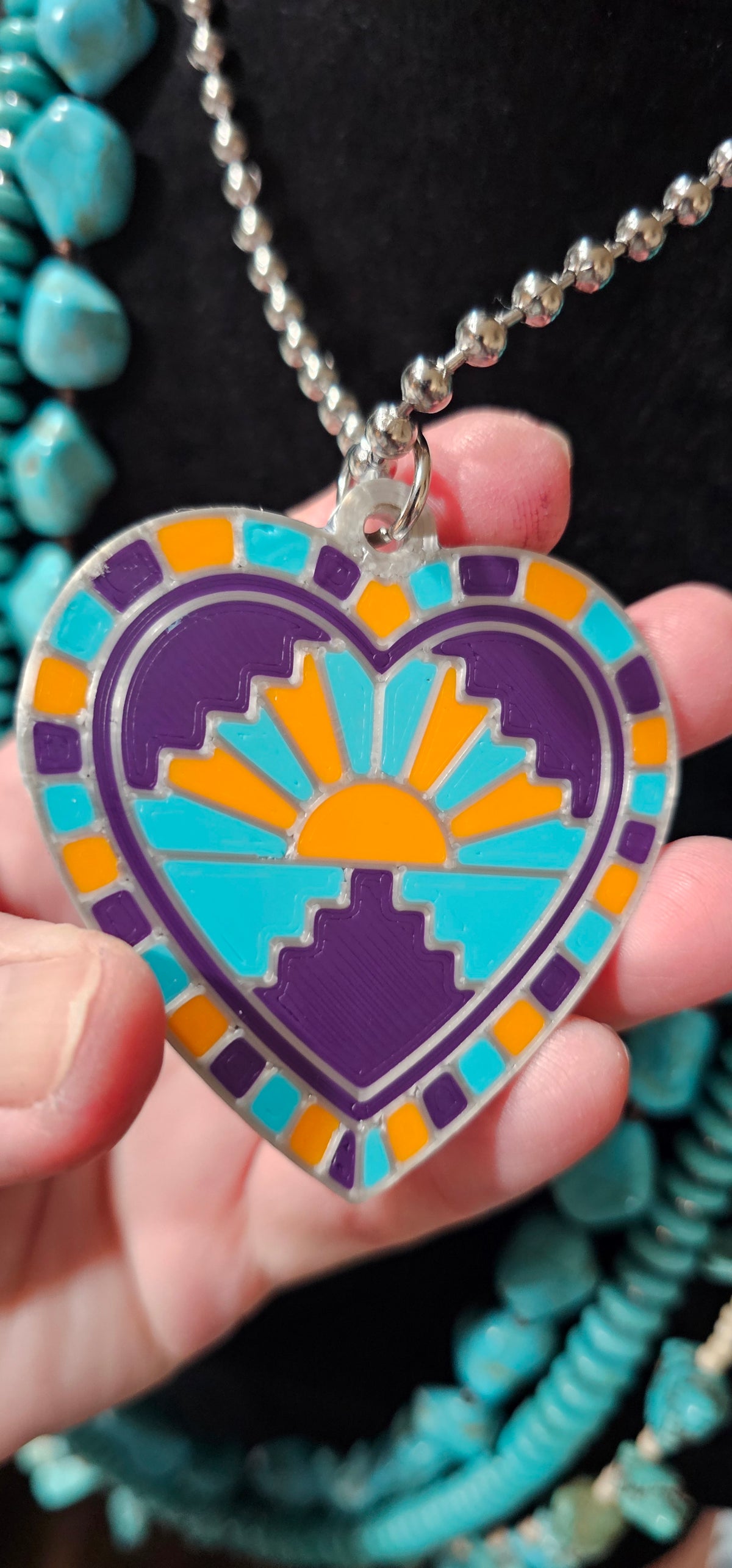 Baha Ranch 3D Print Purple Orange Sunrise Inlay Heart Necklace