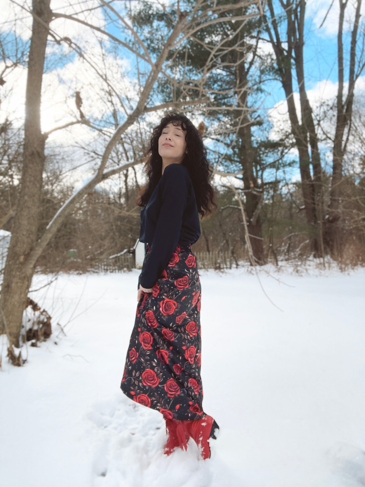Colores de Mexico Romantic Red Roses Midi Skirt