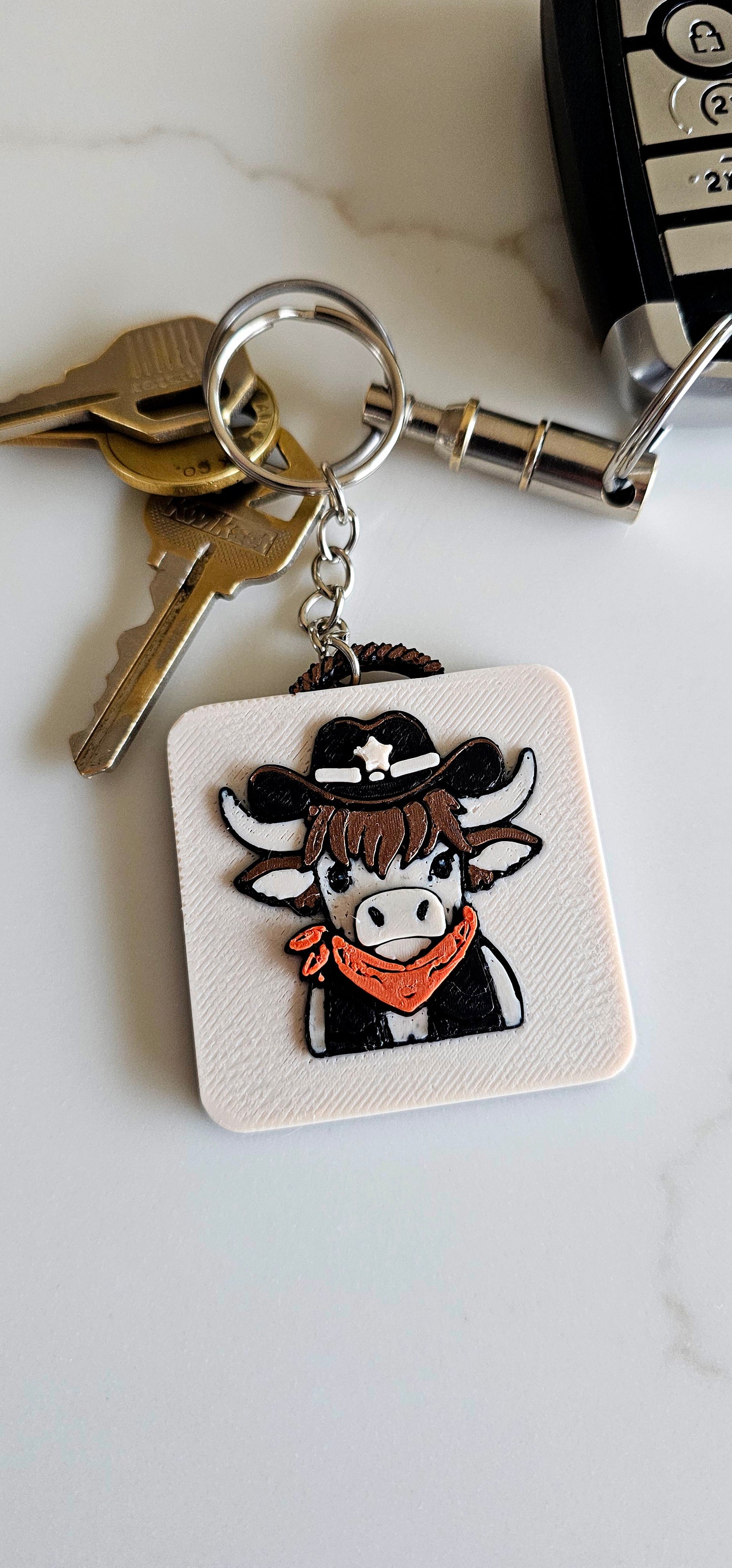 3D Print Cowboy Highland Cow Picture Necklace, Keychain or Purse Charm on Suede Leather Western Made in America
