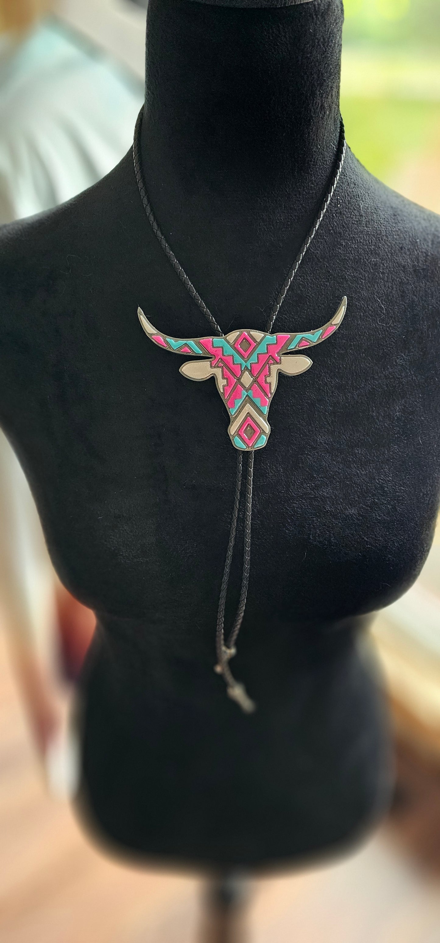 Turquoise Pink Aztec Longhorn 3D Inlay Bolo Tie Necklace Made in America
