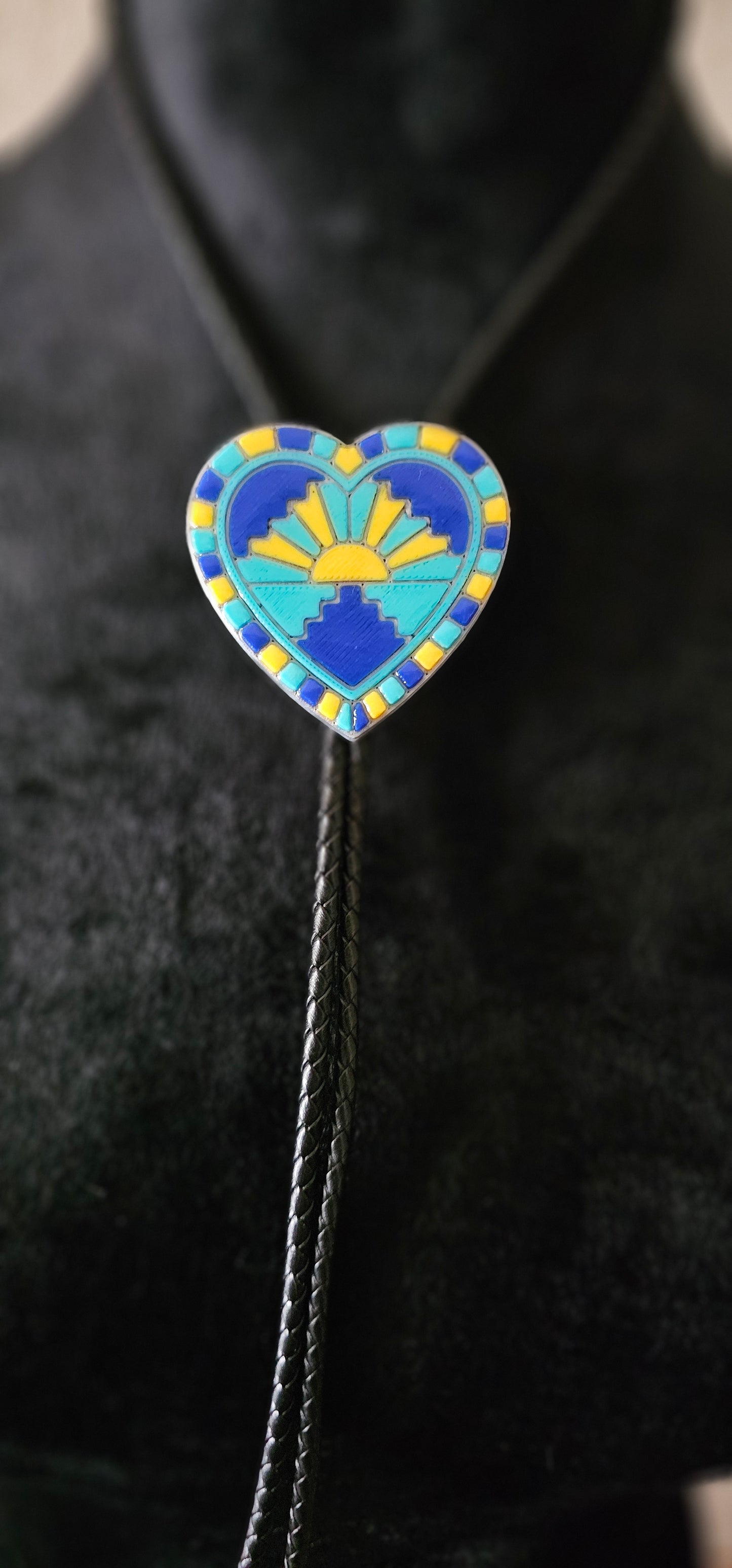 Turquoise Sunrise 3D Inlay Heart Bolo Tie Necklace