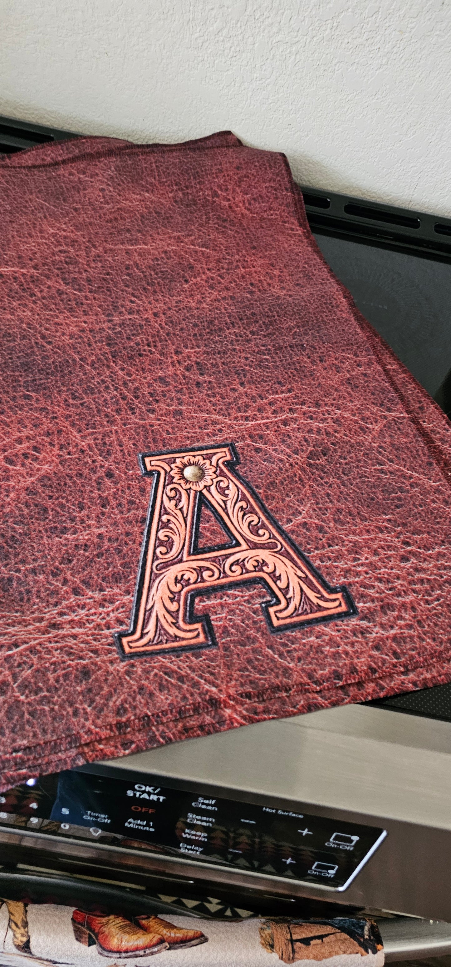 Monogrammed Initial Western Leather Look Saddle Longhorn Cowboy Cowgirl Kitchen Dish Towels Made in America