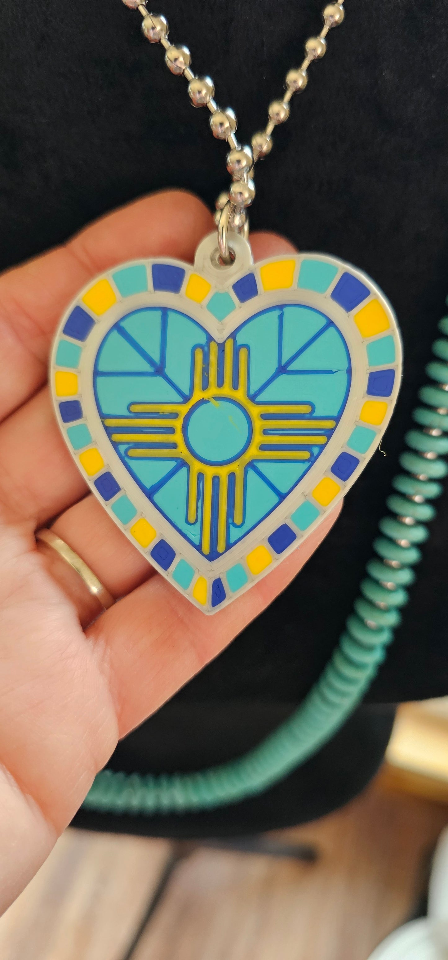 Baha Ranch 3D Print New Mexico Blue Yellow Zia Inlay Heart Necklace