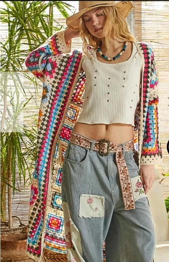 POL Open Front Crochet Cardigan with Weave Knit Patterns