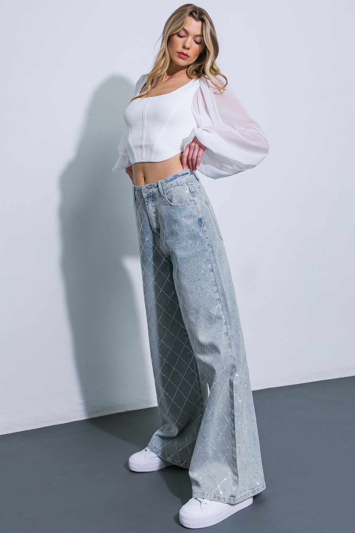 Oh So Lovely Wide Leg Washed Denim with Rhinestones