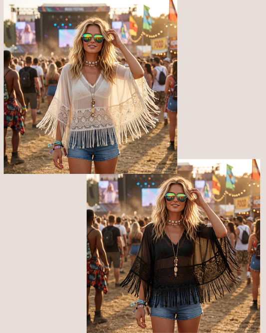 Festival Summer Lace Fringe Top - Black or Ivory