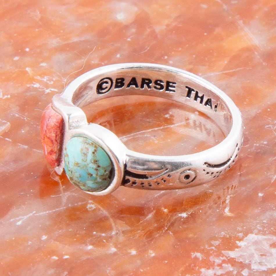 Turquoise and Coral Duo Sterling Silver Ring