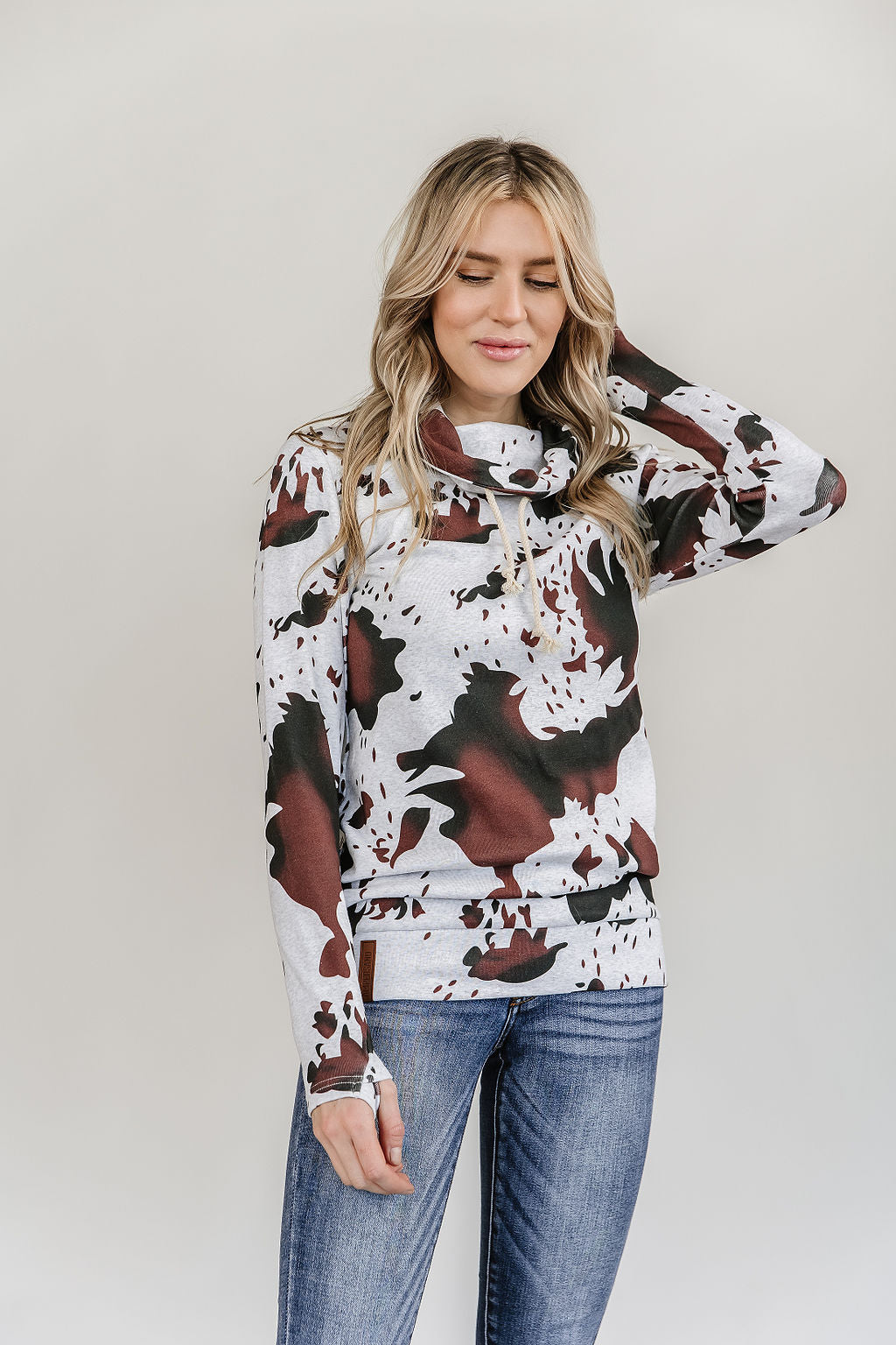 Ampersand Avenue CowlNeck Cow Print Sweatshirt - Let's Go Girls